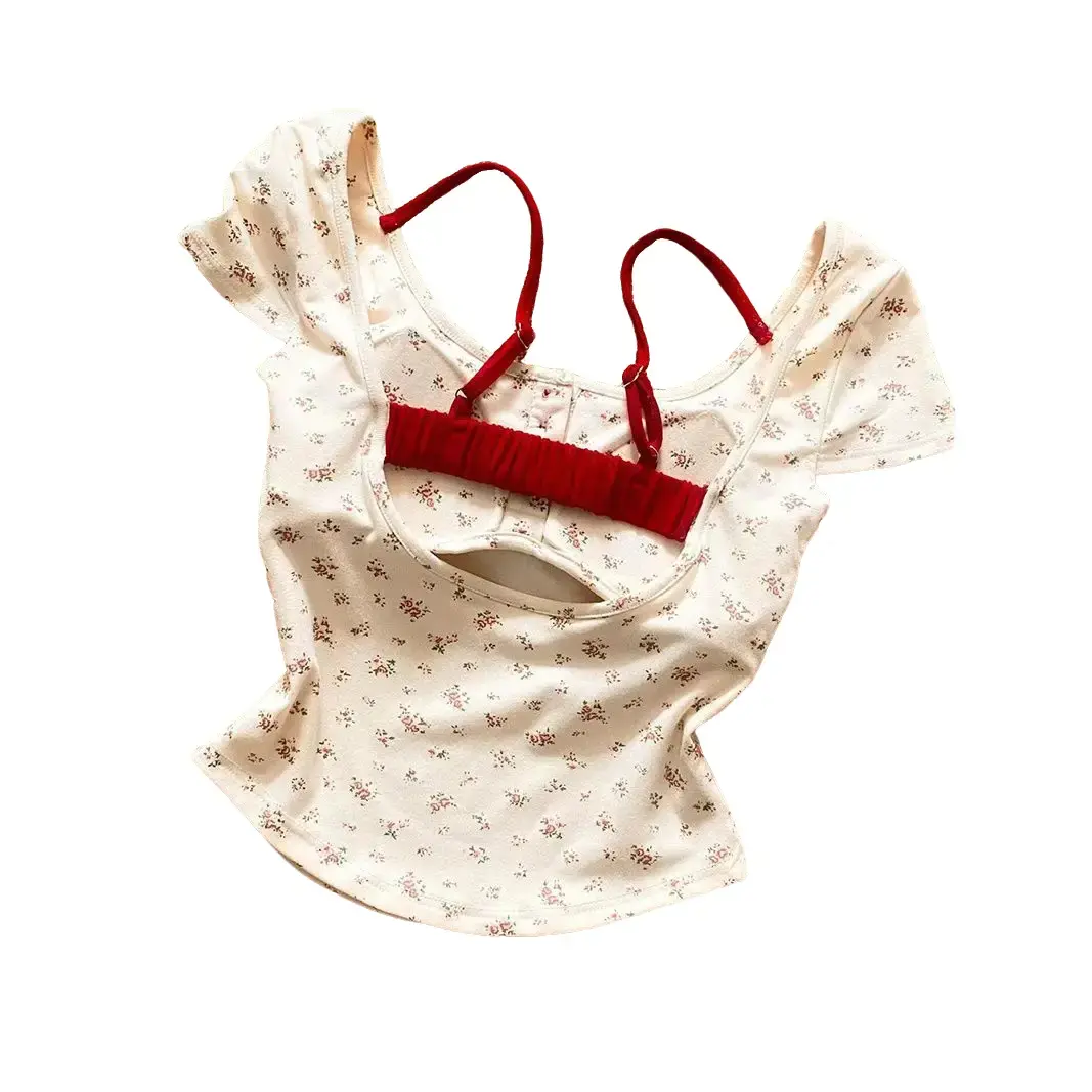 Cute Fake Two-Piece Contrast Color Floral Short Sleeve Suspenders Women's Summer Printed Thin Love Slim Fit Backless Short Top Womenswear Tube Lingerie Spaghetti Strap Lady Comfort