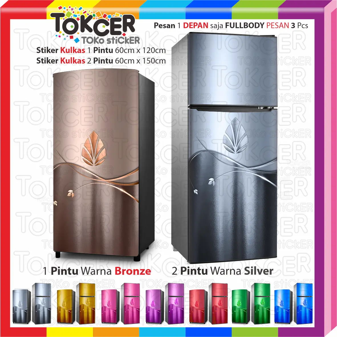 Stiker Kulkas 1 pintu 60x120cm atau 2 Pintu 60x150cm Motif Bronze Silver Emas Sticker