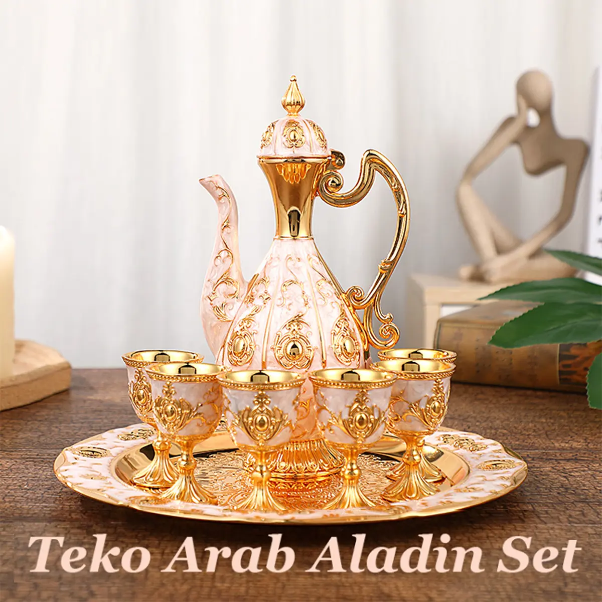 COD Teko Arab Aladin Set Gold Warna Emas Ornament Dengan Nampan Home Decoration