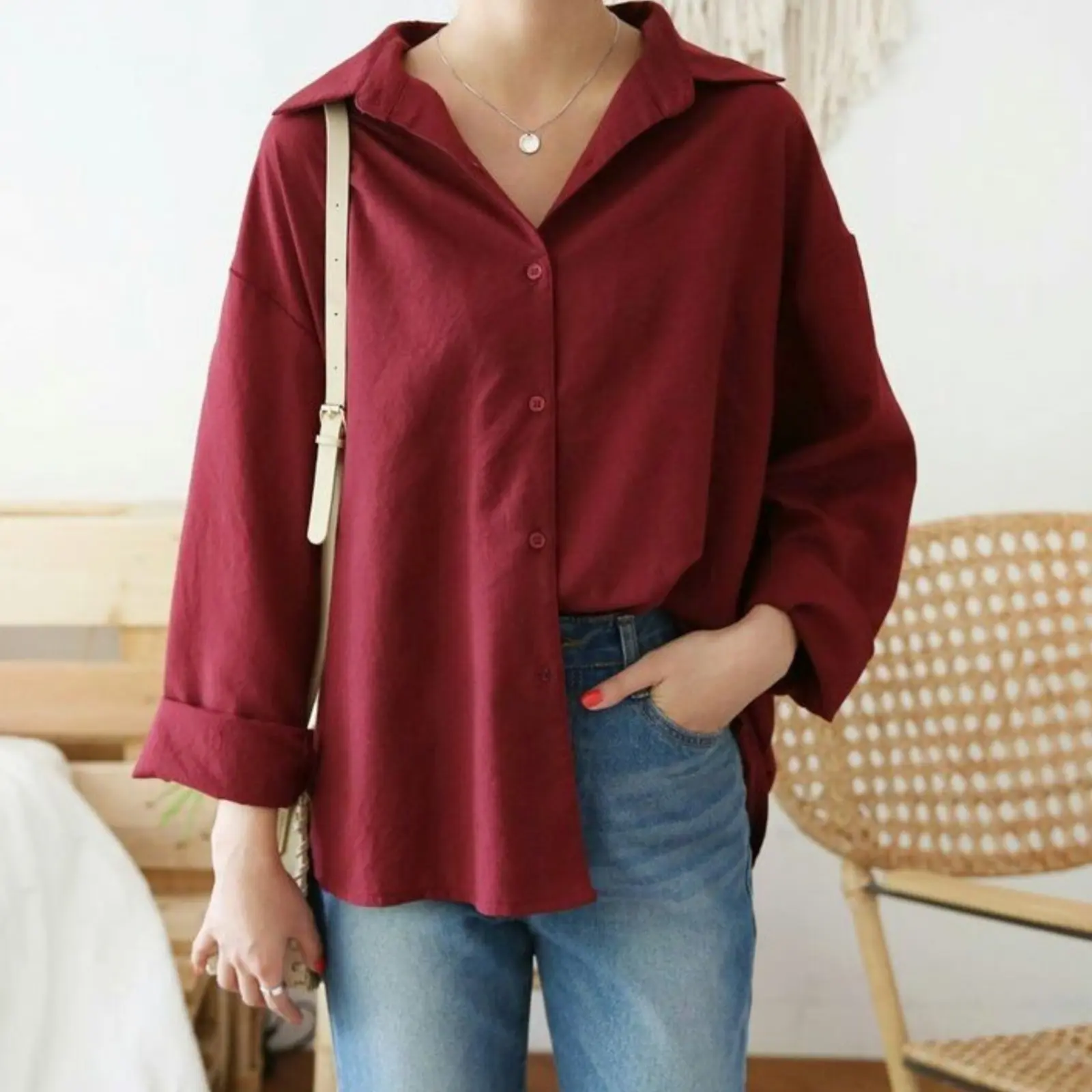 Kemeja Basic Polos Wanita Formal Bahan Moscrepe Lengan Panjang