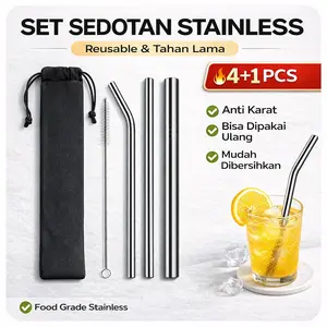 Sedotan Stainless Steel Set 5pcs + Sikat Pembersih | Reusable Straw Anti Karat Minum Jus Kopi