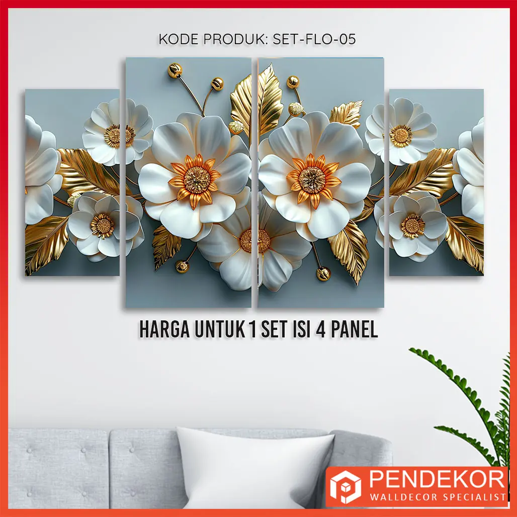 Hiasan Dinding 1 Set Bunga 3D White Gold 4 Panel Wall Decor Pajangan Kamar Aesthetic Dekorasi Ruang Tamu SET-FLO-05
