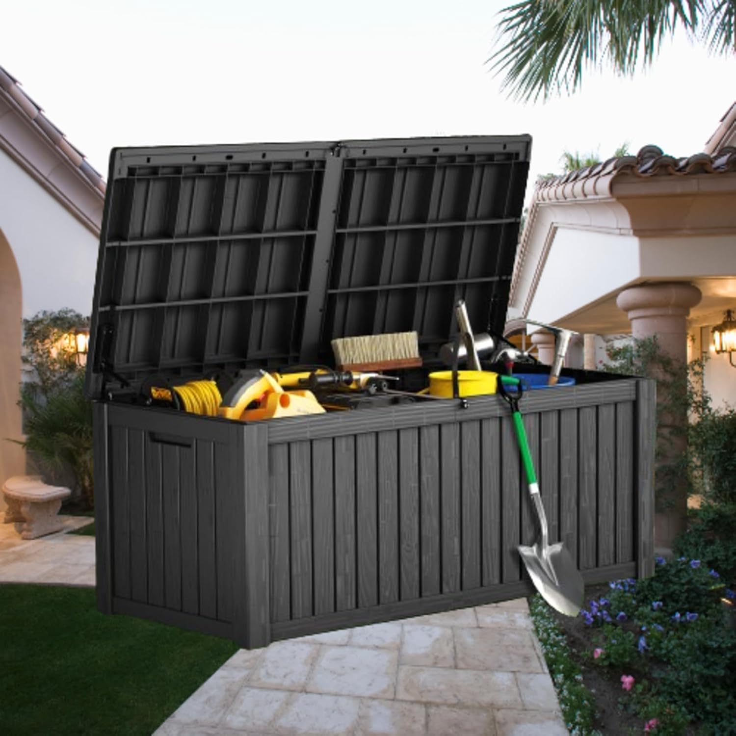 150 gallon resin deck box with spacious interior for large patio cushion storage