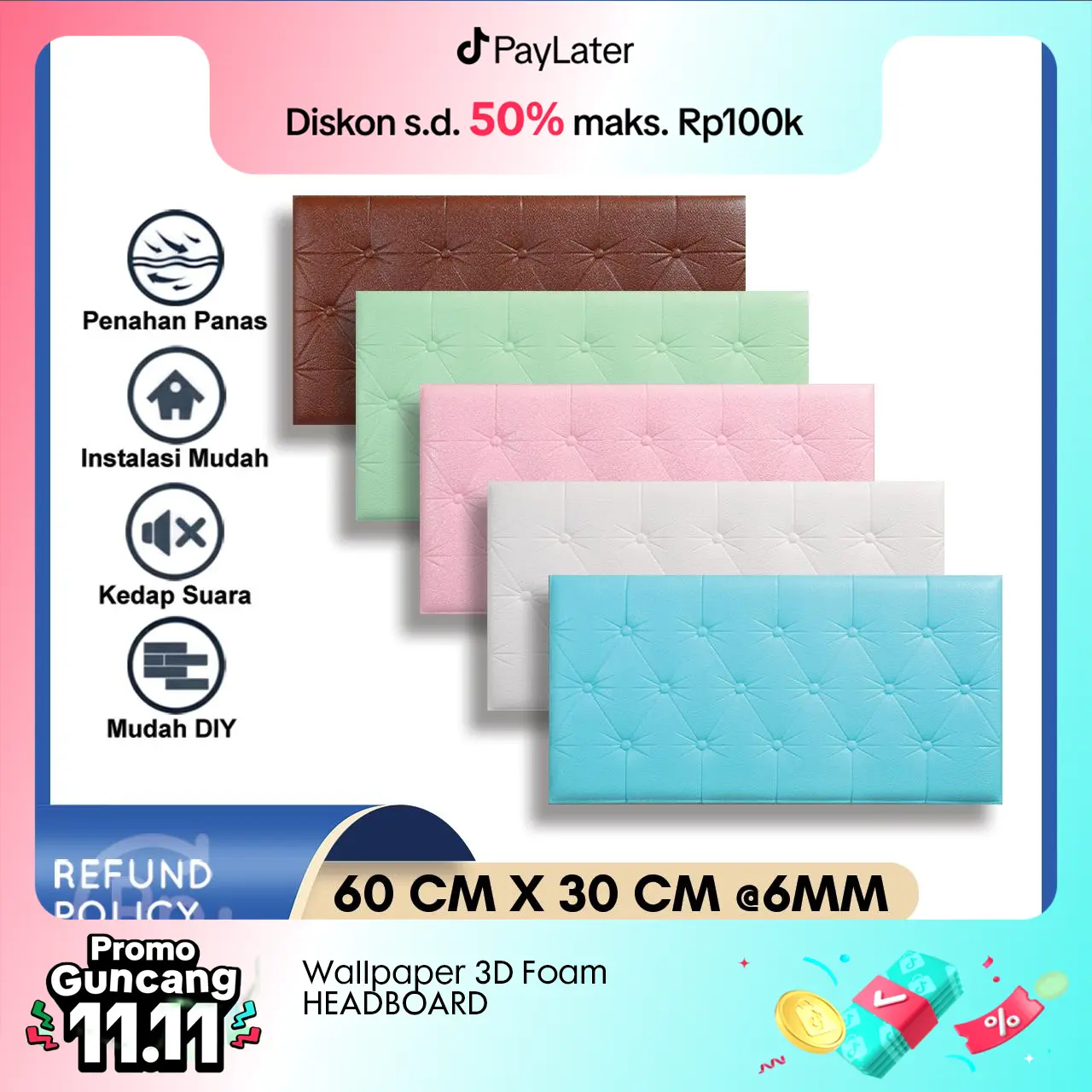 Wallpaper 3D Foam Kedap Suara Tahan Air Headboard Bed Wallfoam Empuk / Wallpaper Headboard kamar room
