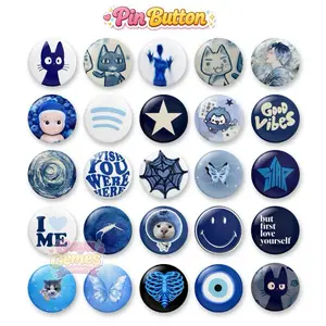 Pin Button 44mm Blue Aesthetic Y2K Cute Deco | Pin Biru Tumblr Kawaii Cool Tone Vintage Edgy | Bros Tas Baju Kekinian Unik Clips