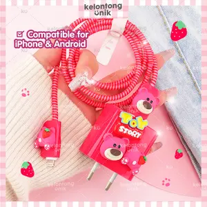 KELONTONG UNIK | CUTE 3D - Set Paket Cover Pelindung Kepala & Kabel Charger Spiral / Cable Set Protector - Compatible for iPhone Rapatech Anker Ugreen Robot Samsung Vivo ,CPSU