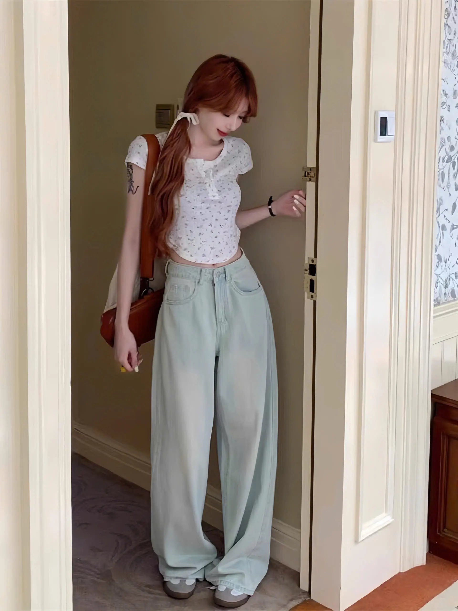 Voi Quần Jeans Suông Li Chéo Lưng Cao Màu Xanh Mài Ống Rộng Túi Ngược Phong Cách Hàn Quốc Trẻ Trung Năng Động | BigBuy360 - bigbuy360.vn