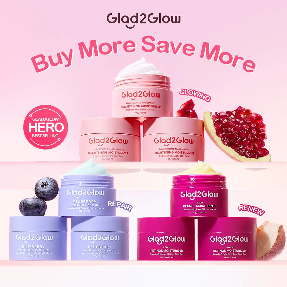 【3PCS】Glad2Glow Moisturizer 3pcs Paket Skincare -ACNE KIT GLOWING KIT Dark Spot Gift Set Berjerawat Ceramide Exfoliating Mencerahkan Pencerah Wajah Arbutin Hitam Niacinamide Cooling Komedo Kusam Pha Vitamin Acid Kering