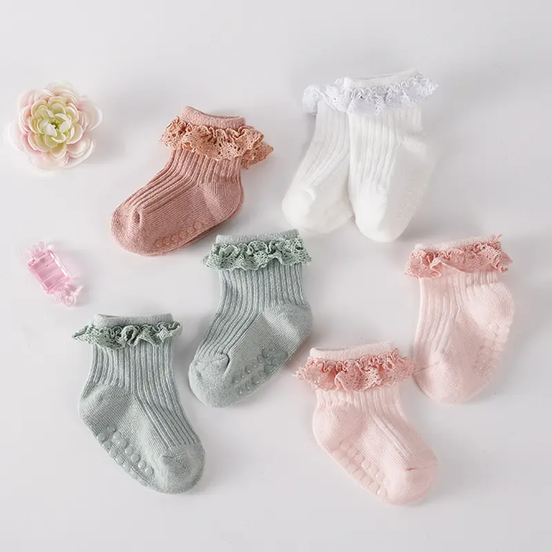 1pair Children's non slip cotton socks for infants and young children aged 0-6 months, girls' solid colored lace socks, baby floor socks