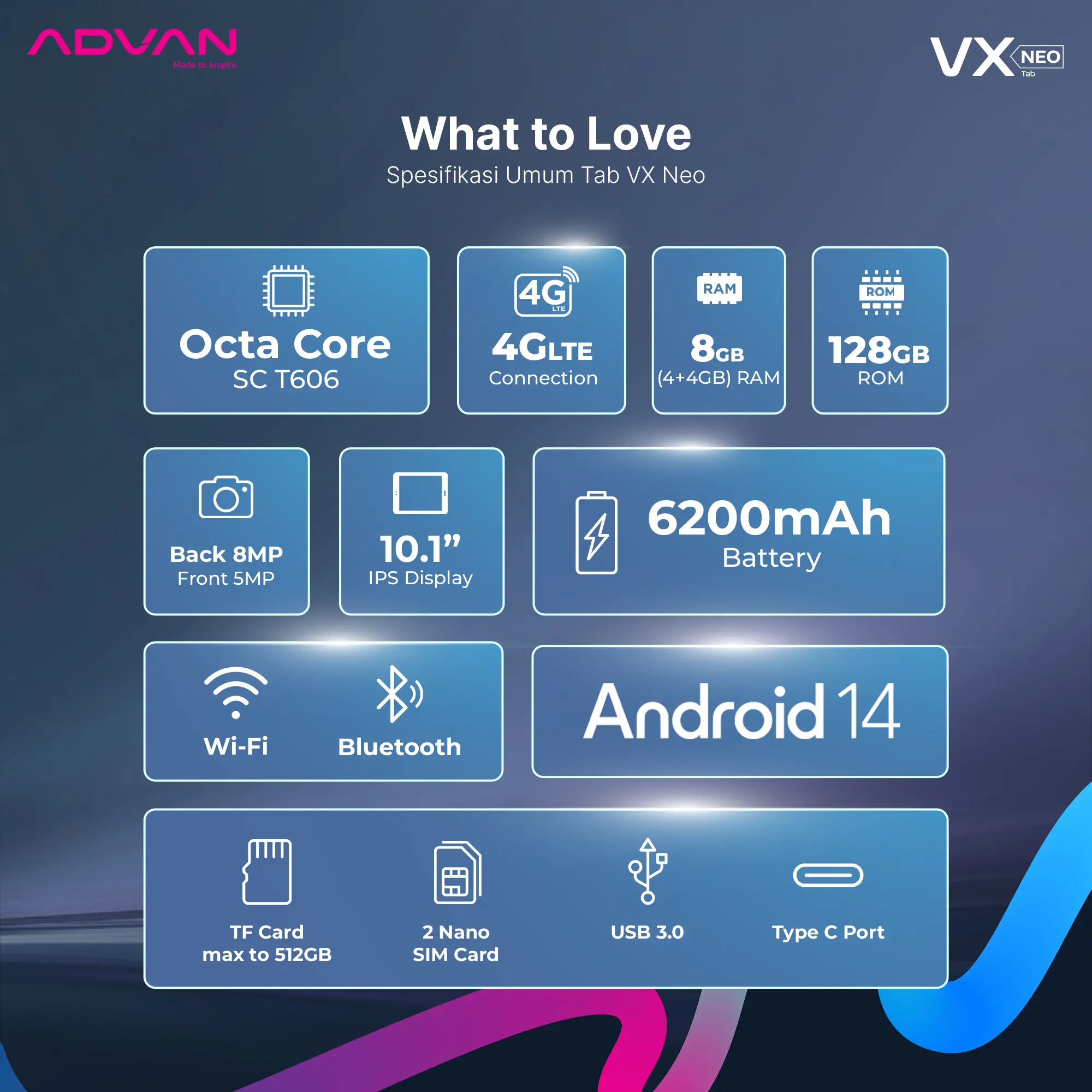 ADVAN VX Neo 4GB/128GB 10.1" inch IPS Dual SIM Tablet Android 14 6200 mAh Garansi 1 Tahun