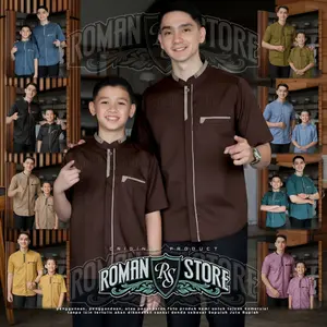 Baju Koko Couple Ayah Anak Laki Laki burgundy Lengan Pendek motif yusuf  Muslim Dewasa Katun Keluarga LebaranBahan Toyobo Import Terbaru 2025 Pasangan