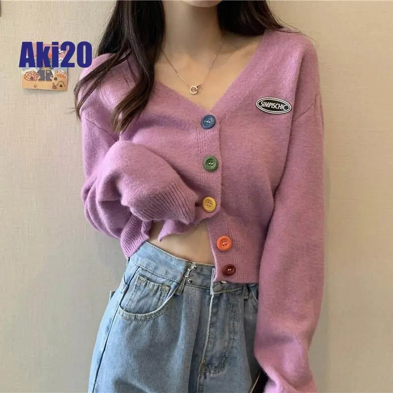 2024 New Color Button Sweater Loose Fitted V Neck Short Sweater for Women Womens Clothing Trendy On Sale