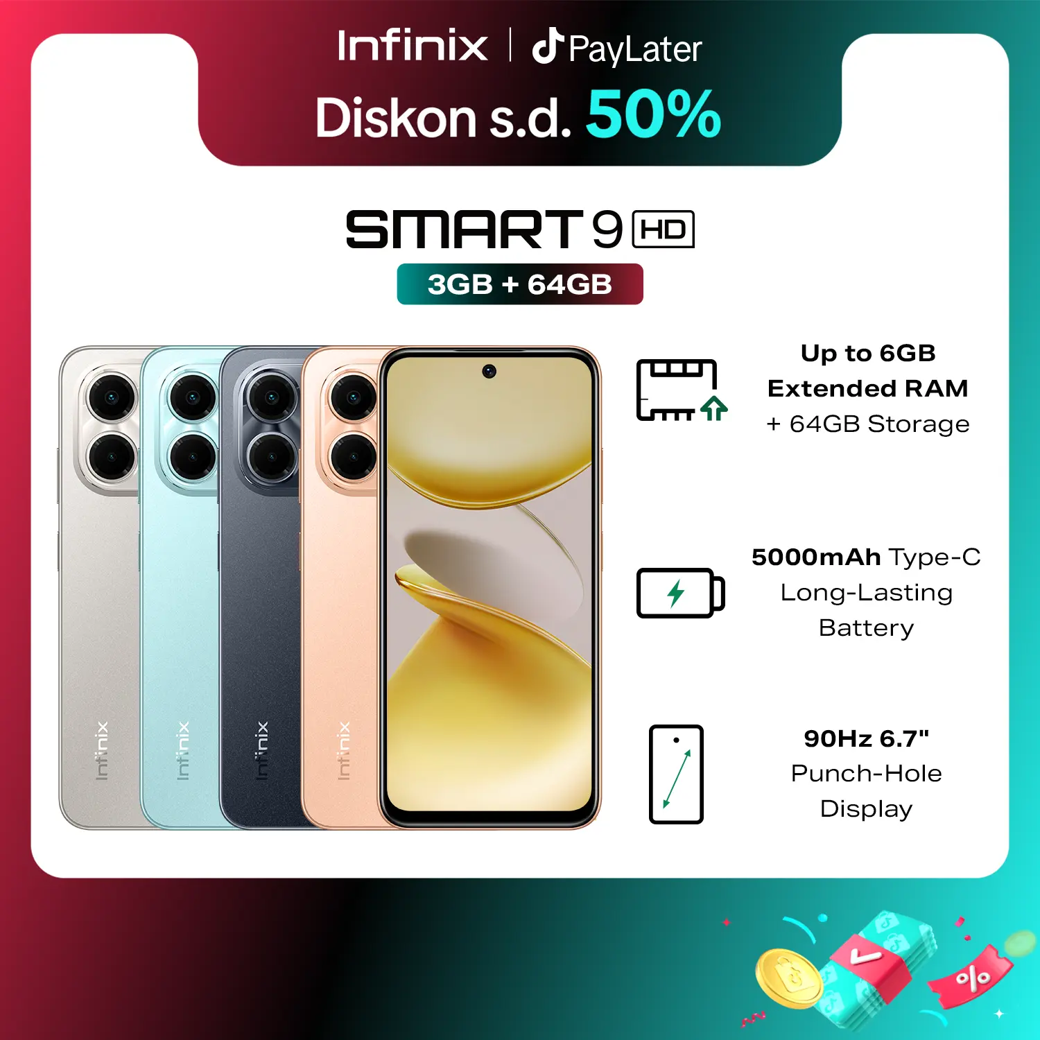 Infinix Smart 9 HD 3/64GB - Up to 6GB Extended RAM - 6.7 inch 90Hz Punch Hole Display - Helio Octa Core - 5000 mAh