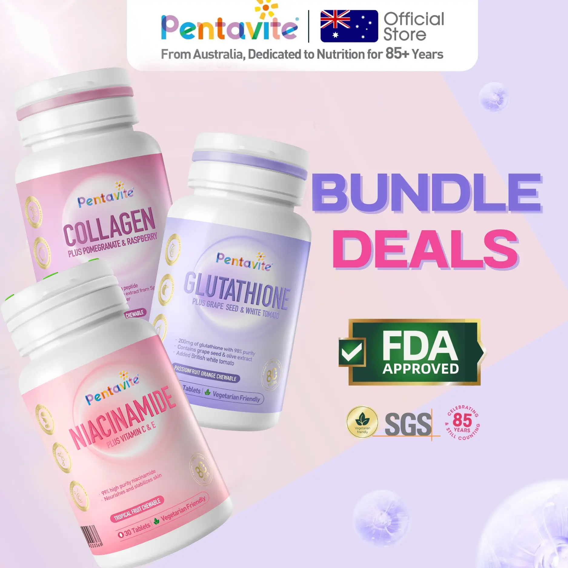 Pentavite Collagen Peptide with Pomanox Pomegranate & Raspberry Extracts 30 Chewables for Skin Radiance and Elasticity, Age-defying, Whitening, Firming and Hydration, FDA approved Beauty Supplement, Australia 85-Year National Brand