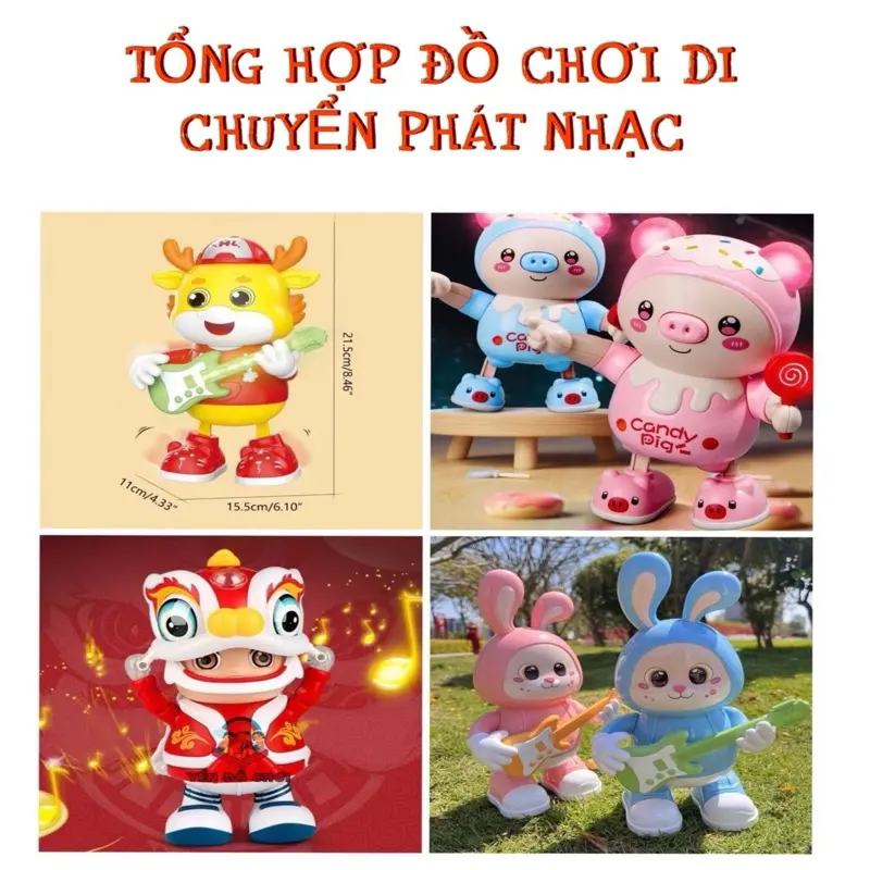 (Tặng pin) Tổng hợp Đồ Chơi thỏ cầm đàn, thỏ cần hoa, heo  cầm kẹo, rồng cầm đàn, thỏ đỏ cầm hồ lô nhảy múa Có Đèn Có nhạc  Cho Bé,Vui Chơi Thích Thú