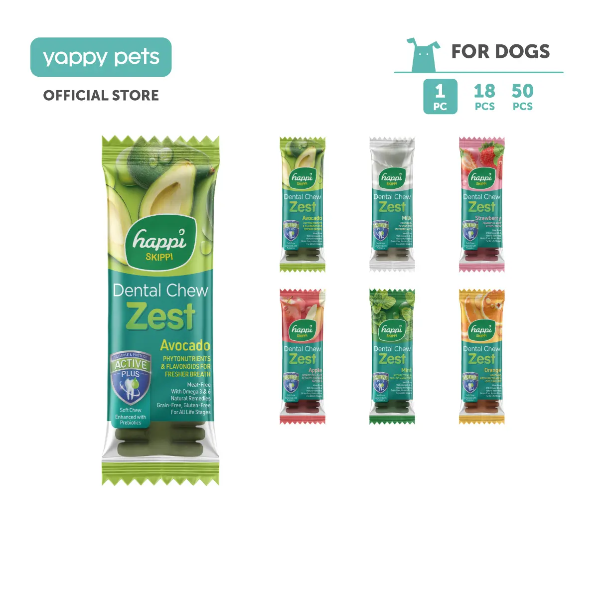 Happi Skippi Zest Dog Dental Chew (Soft) | Dog Treats, Dental Care, Regular 4-Inch Strawberry Mint Apple Milk Orange Avocado happi doggy