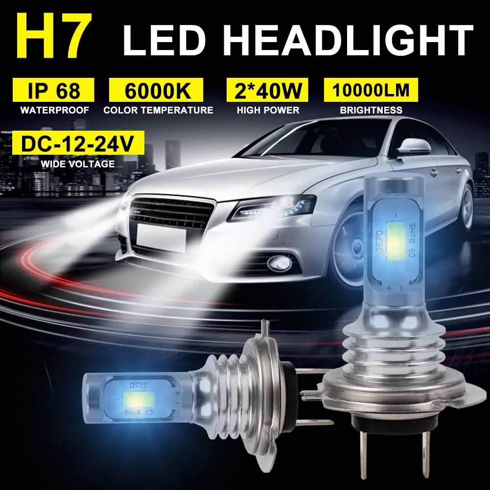 2 x H7 LED Headlight Kit 80W 10000LM Hi Or Lo Beam Bulbs 6000K White IP 68 Waterproof