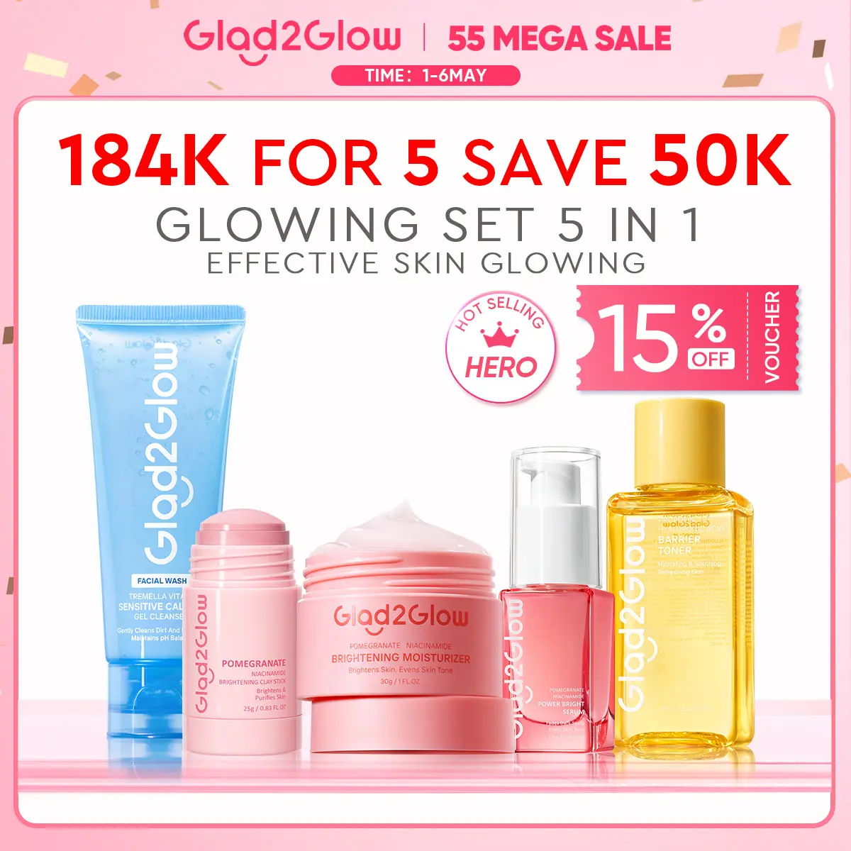 [New] Glad2Glow Glowing bundle all in 1 - 2/3/4/5 PCS Skincare Paket-Brightening toner+Brightening Moisturizer+Cleanser+Brightening Serum Pomegranate Niacinamide Extract Hitam Mencerahkan Wajah Mencerahkan Melembabkan Kulit skin skincare G2G