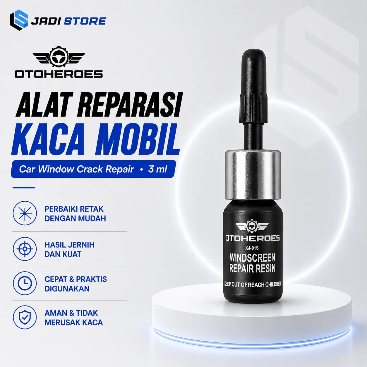 OTOHEROES Alat Reparasi Kaca Mobil Retak Car Window Crack Repair Tool Resin 3ml XJ-01S Kit Perbaikan Kaca Depan Samping Belakang dengan Curing Strips, Pedestal dan Razor Blade untuk Retak Bintang