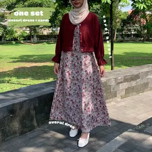Setelan Cardi Knit Hornet + Overall Dress Motif / Oneset Cardigan Hornet + Overall Dress Motif Bunga / Overall Dress Motif Floral / Setelan Atasan Termurah