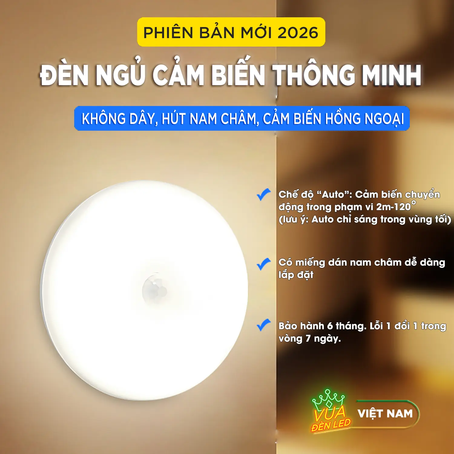 Đèn Cảm Biến Chuyển Động Dán Tường, Led Tròn Cảm Ứng Dán Hành Lang, Tủ Quần Áo, Phòng Ngủ ... Có Pin Sạc