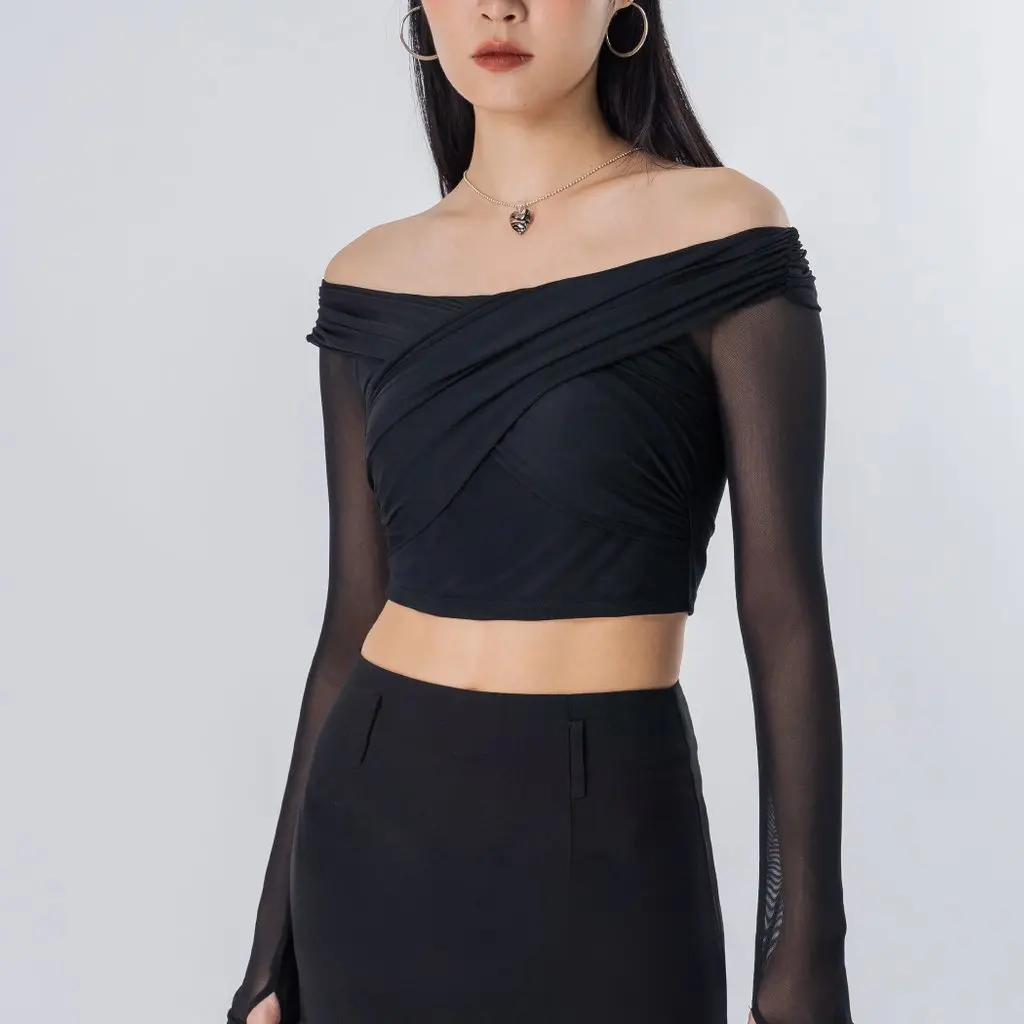 Bundled Mesh Off Shoulder Top in Black - YHF YOUNG HUNGRY FREE