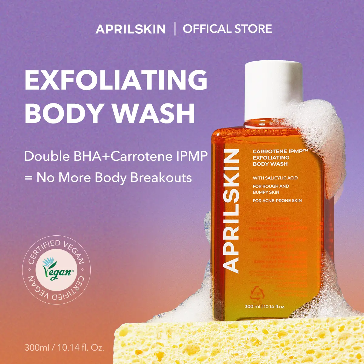 APRILSKIN Carrotene IPMP Exfoliating Body Wash | Salicylic Acid Body Wash Improve Rough & Bumpy Skin, Body Acne, Keratosis Pilaris with Niacinamide & Ceramides | Vegan & Cruelty-free