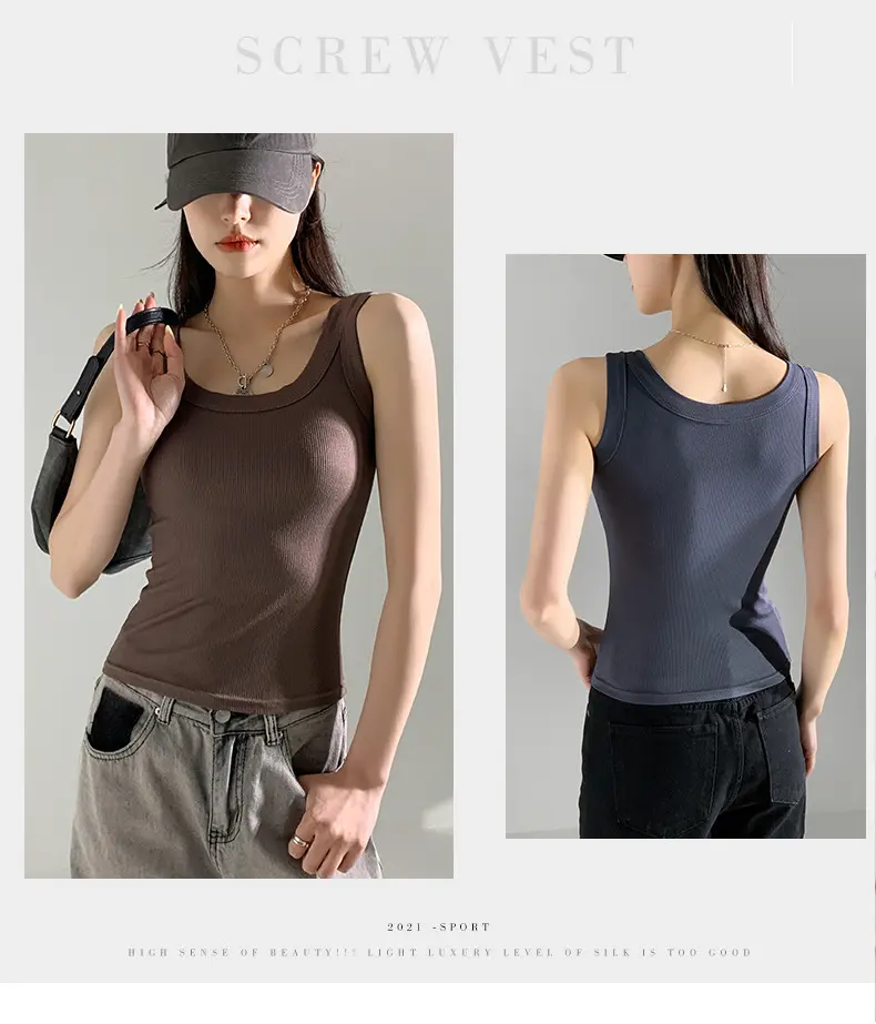 Modal tank top with wide shoulder straps, threaded knitted sleeveless bottom, worn on the outside and layered on the inside,c008
