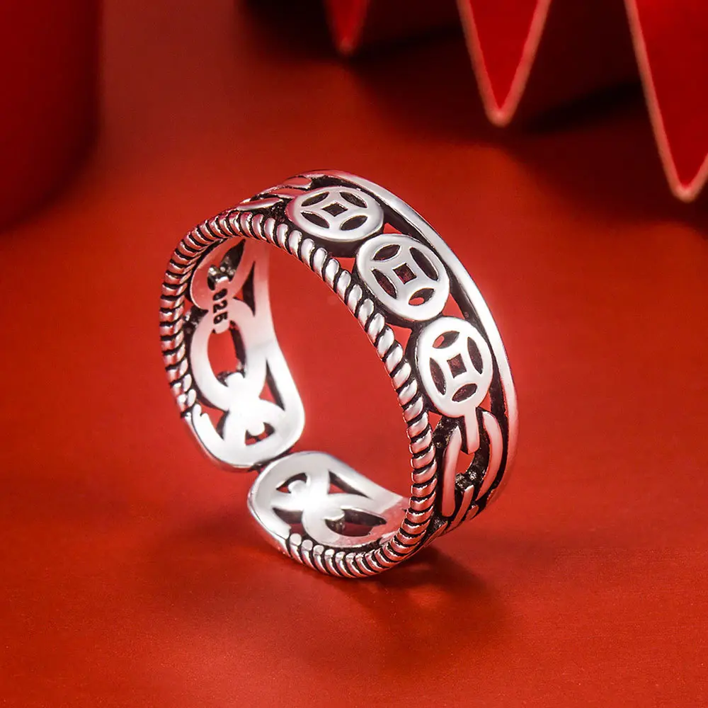 Tuten Ring Fashion Vintage Twist Ring Gold Coin Pattern Ring Ring Ring Opening Size Adjustable 925 Silver Ring