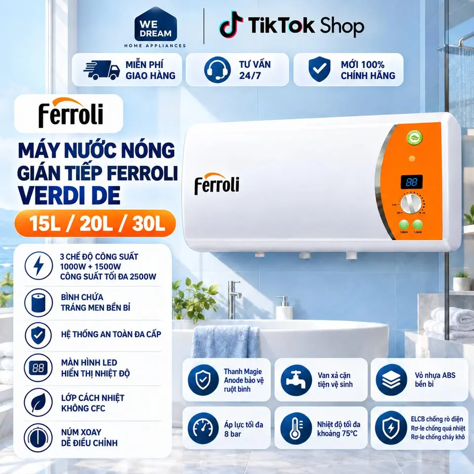 Máy Nước Nóng Gián Tiếp Ferroli Verdi DE 15L 2500W - Chính Hãng, Mới 100%