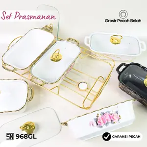 Fiorenza - Prasmanan Wadah Saji Penghangat Makanan Keramik Set Casserole Tempat Basi Elegan Tahan Panas & Estetik Kitchenware | Motif Marbel Lining Gold Emboss Rose 968