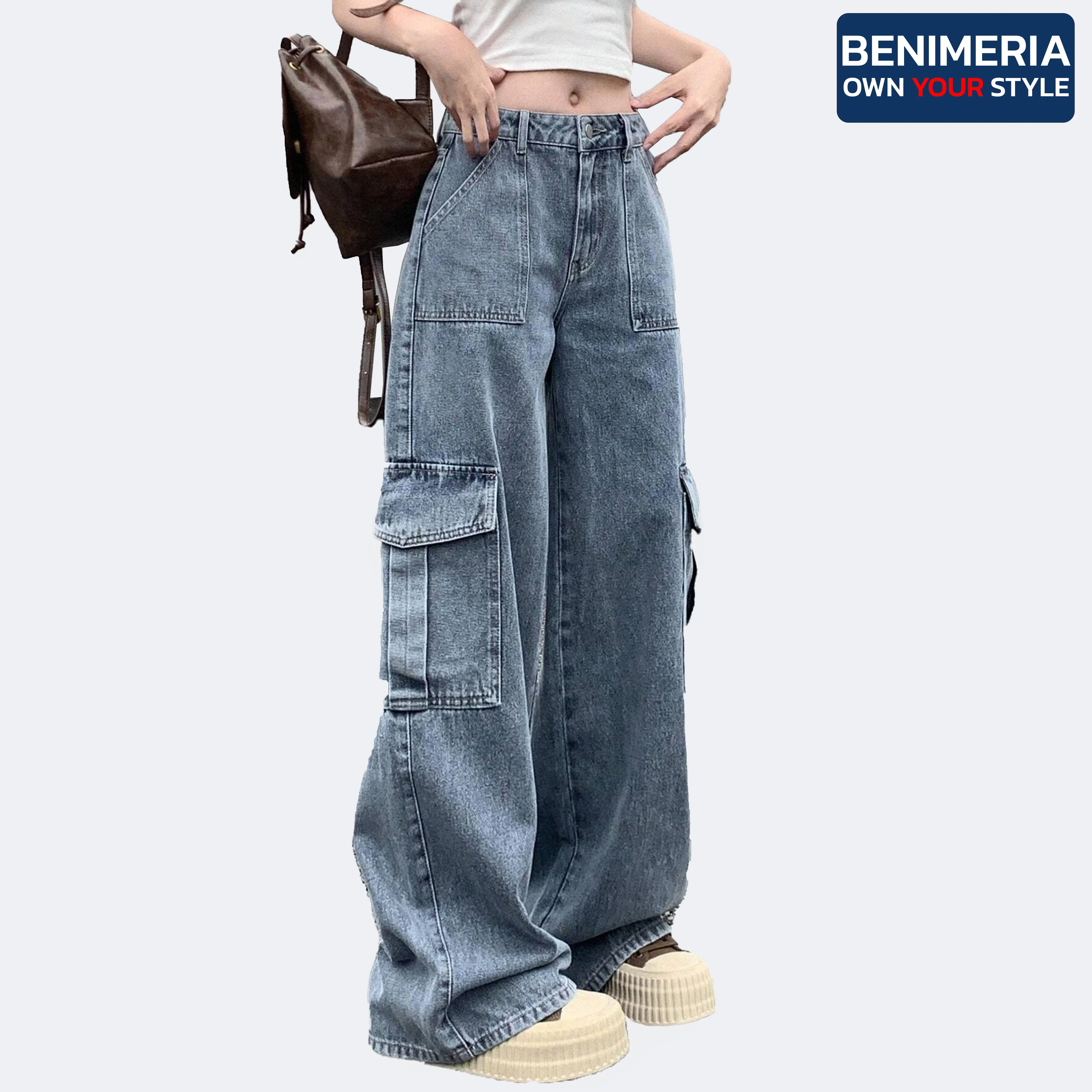 Benimeria-Womens Flip Pocket Loose Wide Leg Jeans