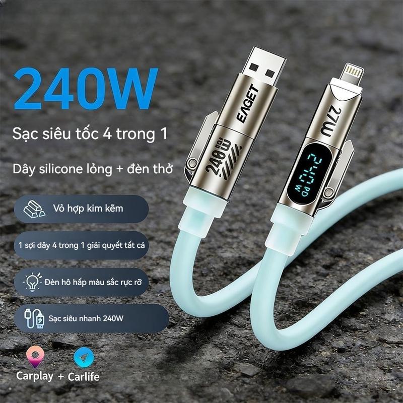 Dây sạc nhanh kỹ thuật số bốn trong một 240W, dài 2 mét, phù hợp cho cáp dữ liệu Apple và Android Type-C