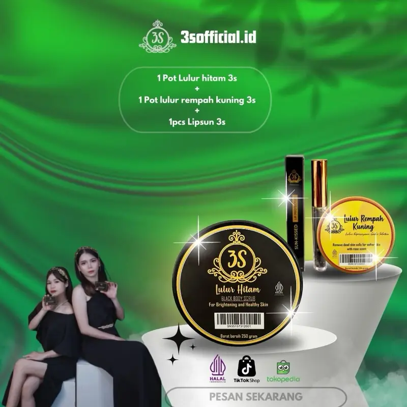 1 Lulur hitam 3s + 1 Lulur rempah 3s Free 1 LIP SUN KISSED 3s Scrub Mandi