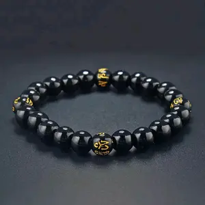 GELANG BATU BLACK ONYX KOMBINASI TIBET MANTRA 8MM
