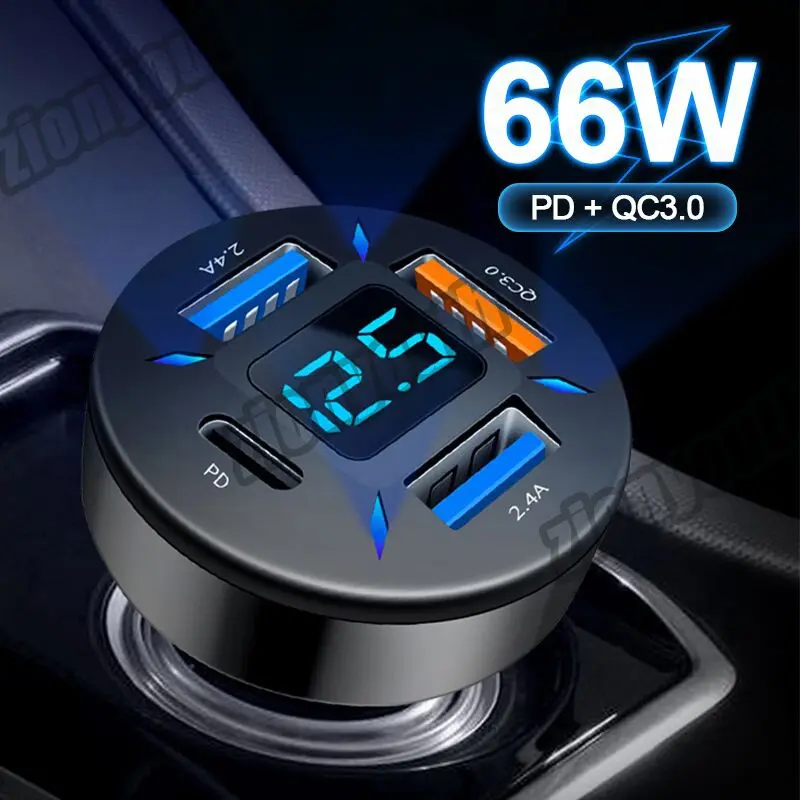 2024 New+COD+spot stocks 66W 4 Ports USB Car Charger Fast Charging PD Quick Charge 3.0 USB C Car Phone Charger Adapter