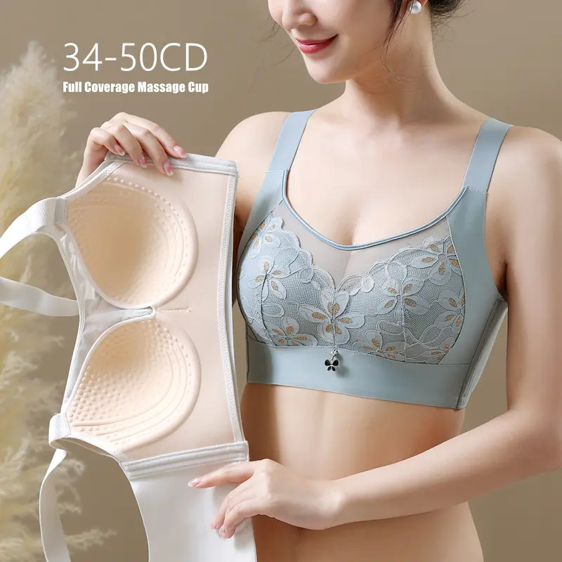 New Style 34-50C/D Large Size Adjustment Type Bra Women's Fashion Delicate Floral Lace Seamless Plus Size Bra Full Coverage Thin Massage Cup Soft Wireless Push Up Bras Side Support Hide Fat Anti Sag Bralette Breathable Comfortable Underwear