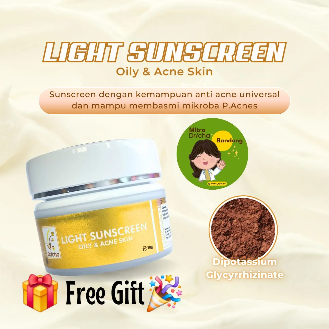 Dricha Light Sunscreen (Oily & Acne Skin) 10gr melindungi wajah/Facial dari sinar UV mengandung niacinamide 4% yg Mencerahkan