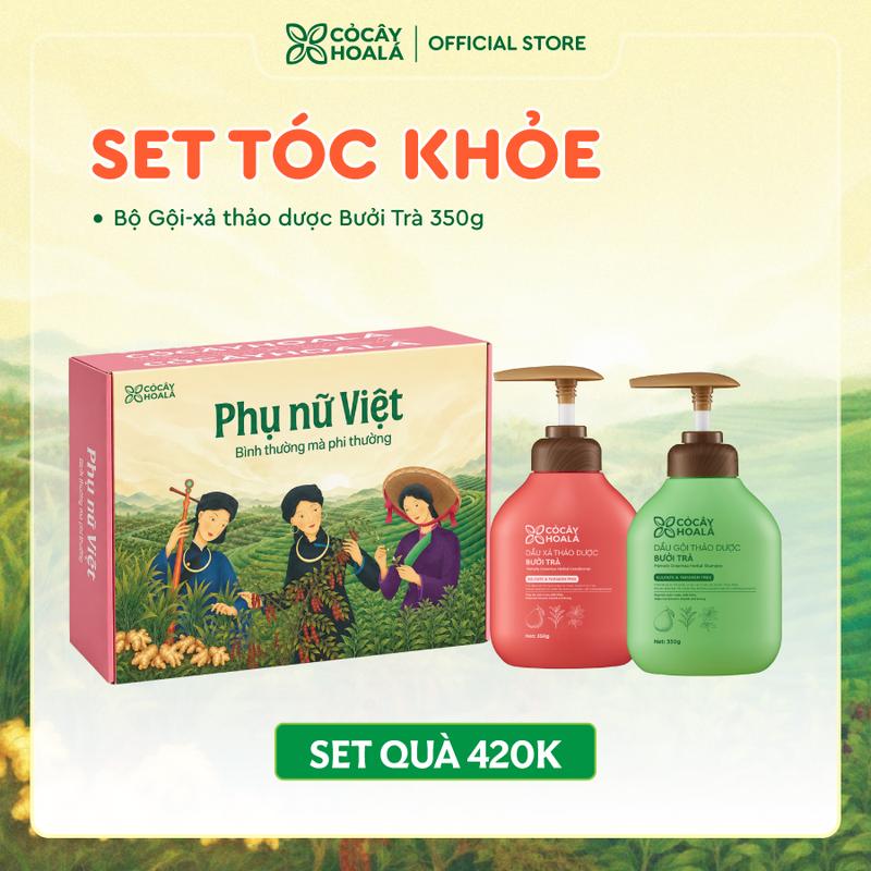 SET TÓC THƠM MƯỢT 420K, Set quà Cỏ Cây Hoa Lá "Phụ nữ Việt - Bình thường mà phi thường": COMBO dầu gội xả thảo dược Bưởi Trà 350g/chai & Hộp quà Cỏ Cây Hoa Lá