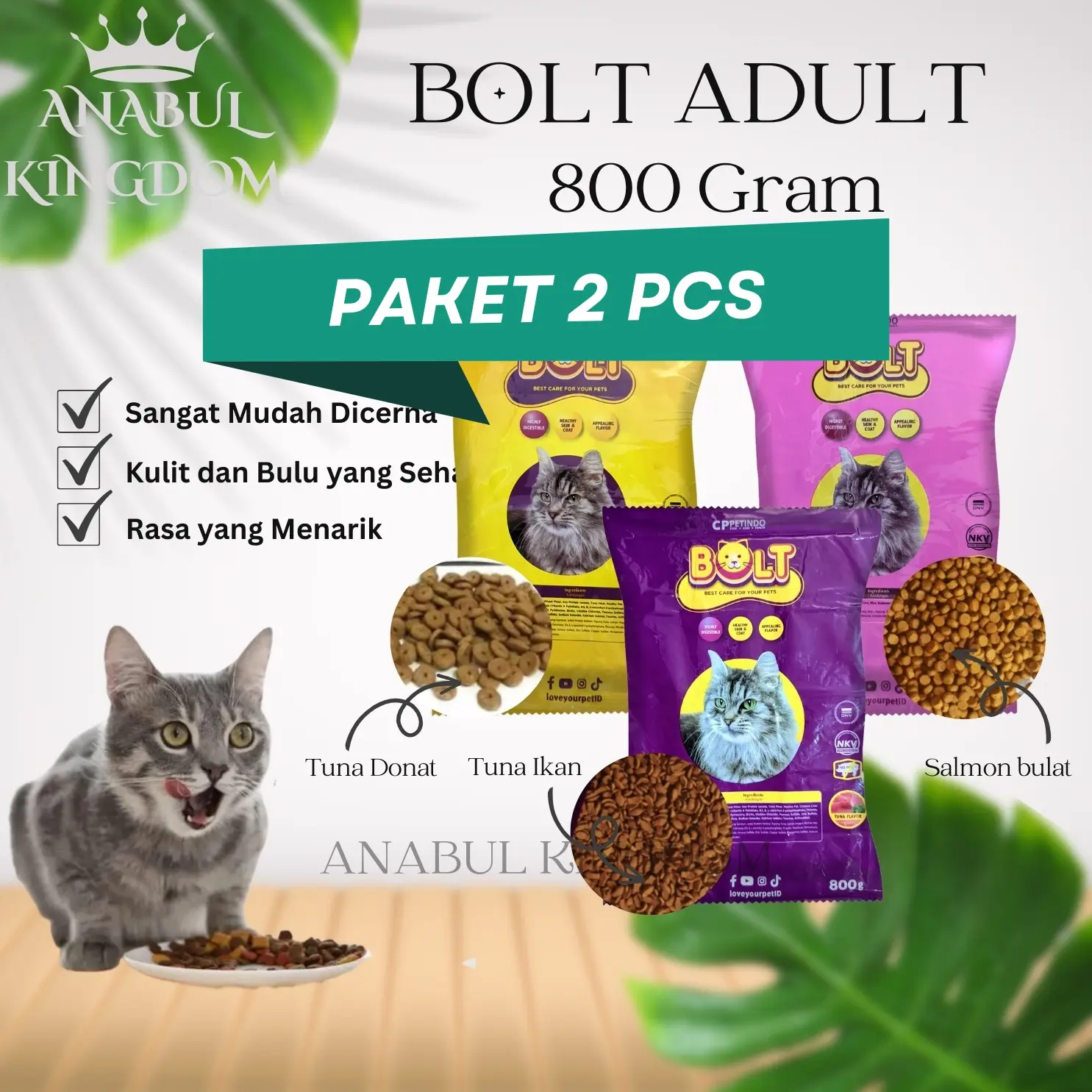 Paket 2 pcs BOLT 800 Gram makanan kucing kering rasa tuna dan salmon pakankucing murah