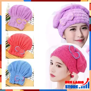 OLS Handuk Rambut Keramas Aksen Pita Handuk Kepala Topi Mandi Dewasa