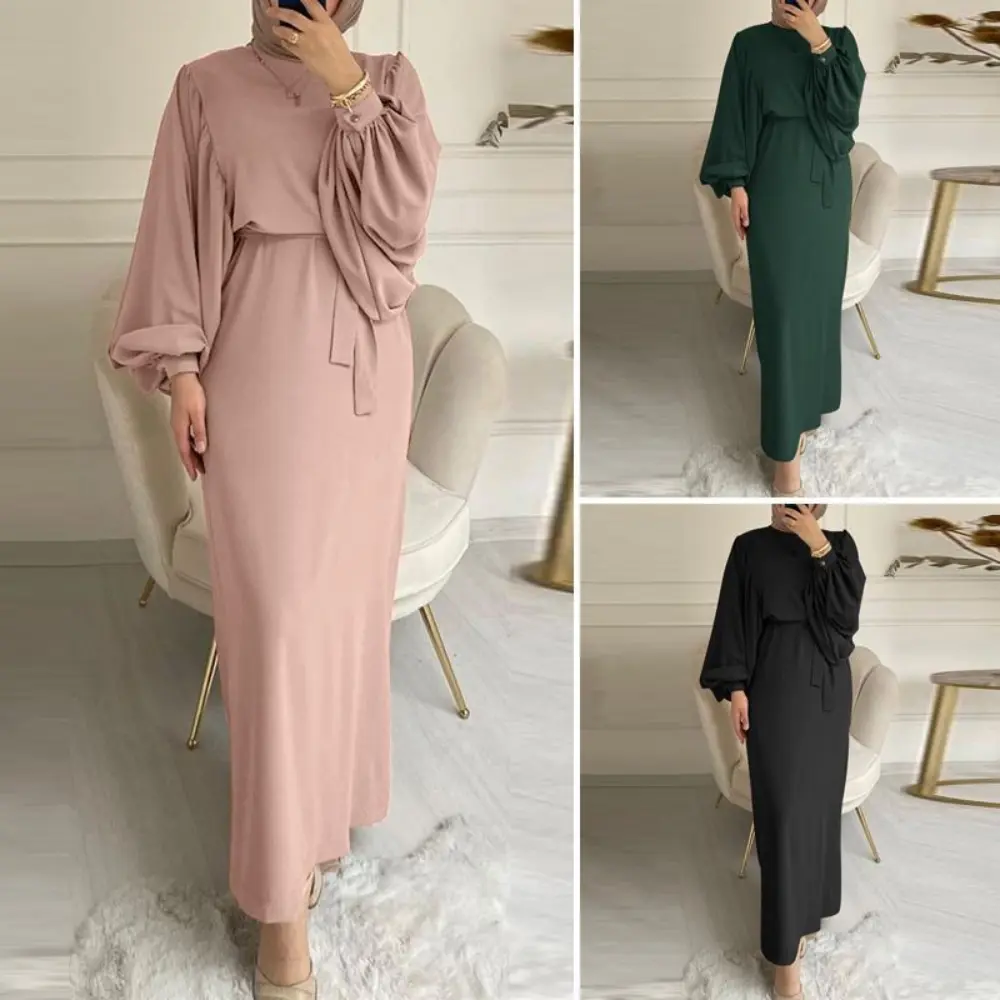Spot Abaya Malay Cross border Muslim Women's Dress Fashion Lantern Sleeve Bundle Waist Bag Hip Round Neck Robe
