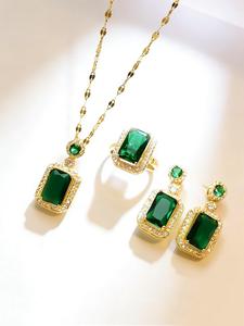 Conjunto de Joyería Vintage, Collar, Aretes y Anillo Decorados con Piedra Preciosa Verde de Forma Cuadrada, Conjunto de Joyería Exquisito y Comodín para Regalo de Cumpleaños