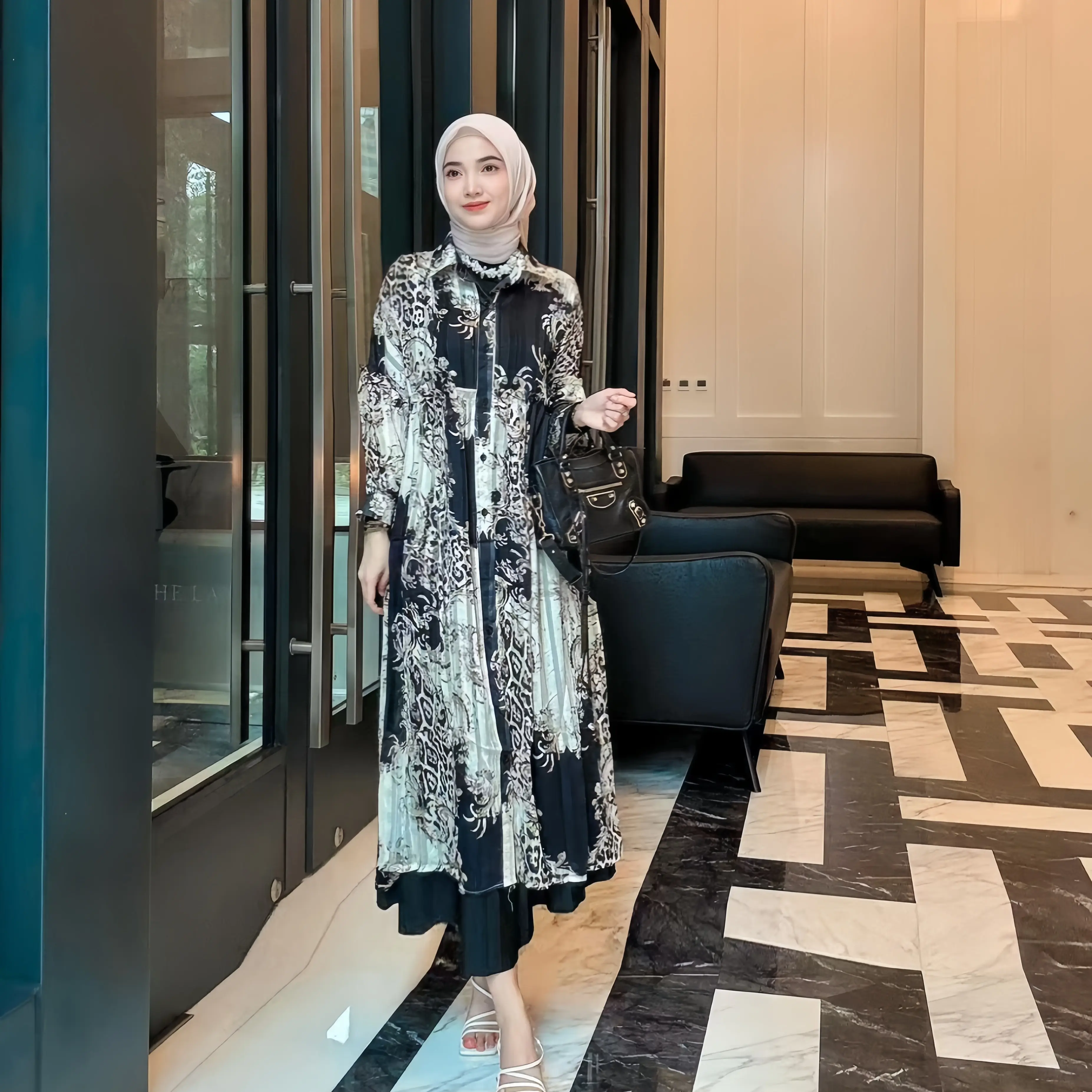 Dress Wanita Blus & Kemeja Fanmu Lebaran Vintage Hijab Model 2701 Jumbo Setelan Peach Lengan Panjang Motif Bunga