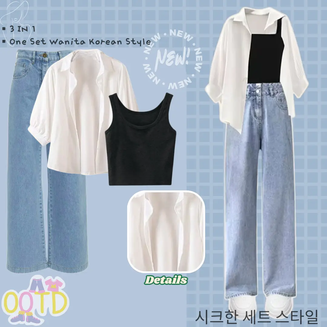One Set Wanita Kekinian (Blouse Kemeja Tanktop Celana) Ootd Korean Style CS005 Kemeja Putih Setelan Kuliah Casual Chic Kulot Jeans Baju Dewasa Atasan Remaja Cewek Formal Hitam Panjang Tangan Lembut Soft Denim Simple Kancing