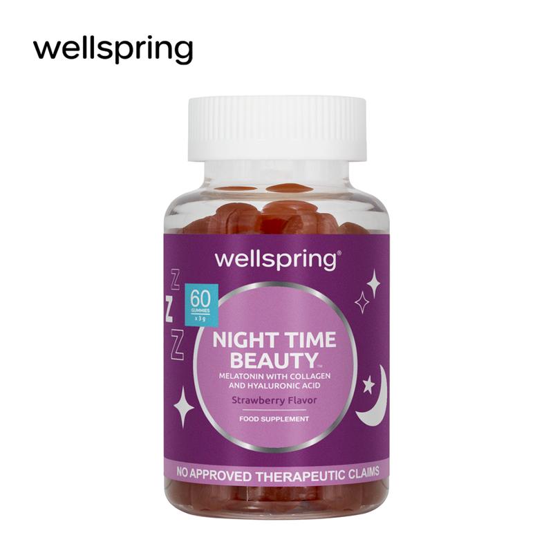Wellspring Night Time Beauty Melatonin Gummies with Collagen and Hyaluronic Acid, For Better Sleep, Calm and Relaxation, Glowing Skin, Beauty
