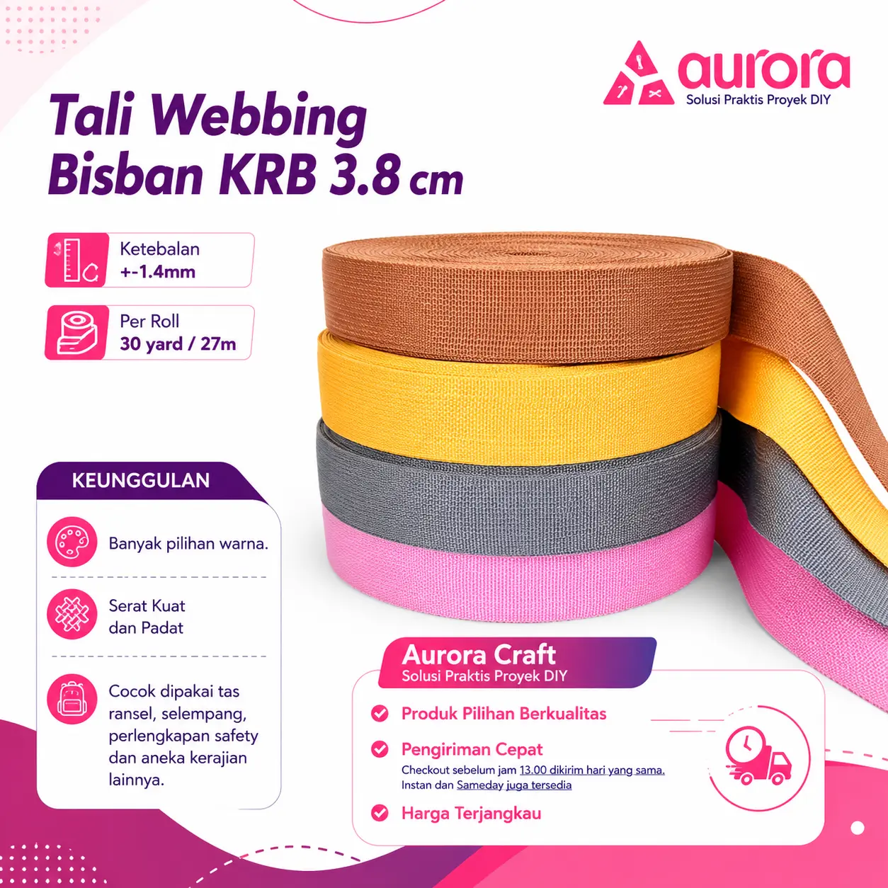 TALI WEBBINGTali Webbing Bisban KRB 3.8 cm Tebal 1.4mm Per Roll 30 Yard 27 Meter Serat Kuat untuk Tas Ransel Sling Bag Safety BISBAN MERK KRB 3,8 CM PER ROLL