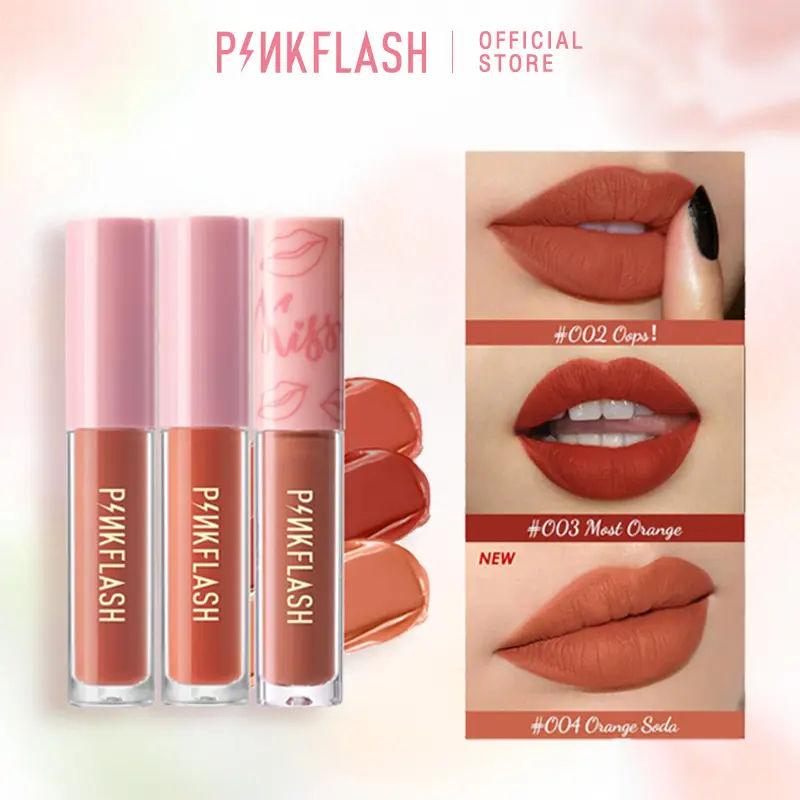 [Official] PINKFLASH OhMyKiss 3pcs Soft Matte Finish VE Moisturising Long-lasting Waterproof Non-sticky Liquid Lipstick Makeup Set liptint set lasting  gloss