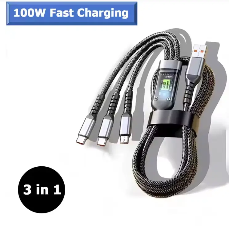 【BLNEN】100W 3 in 1 Super Charging Cable  Micro USB Type C Fast Charger Type-C Cable Data Cable (1.2 meter) Accessories Phone Getah Alloy Aluminum Durable Transparent  Luminous Fast Charger  Cellphone Cable 3in1 Port Smartphone Electronic