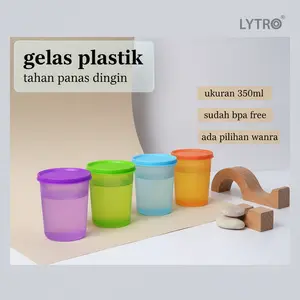Gelas Plastik Dengan Tutup - Gelas Cup Isi 350ML Tahan Panas - Gelas Plastik Minum Anak biru hijau